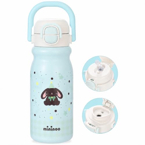 Mininoo 18oz Insulated Stainless Steel Kids Water Bottle for School, Bunny | 2-in-1 Straw & Spout Lid, Leak-Proof, BPA-Free, for Girls & Boys, Blue - color: 18oz Light Blue-Bunny