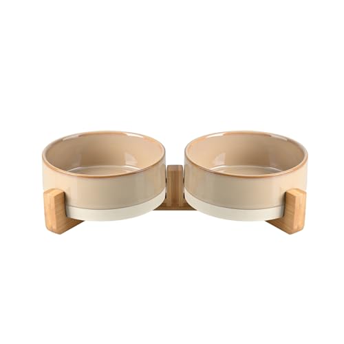 SPUNKYJUNKY Ceramic Dog and Cat Bowl Set with Wooden Stand, Modern Cute Weighted Food Water Bowl Set for Small Size Dogs (1.7 Cups, 2 × Pattern Brown) - color: Pattern Brown × 2, size: 1.7 cups