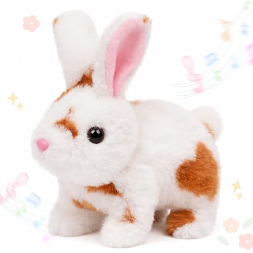 Easfan Brown Jumping Bunny Talking Interactive Plush Toy Gift for Kids | Hopping spotted, moving ears & nose, singing shaking glowing, electric toy, gift for Toddlers - style: Bunny_Brown
