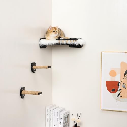 3 Pcs Cat Steps and Perches for Wall, Climbing Shelf With Hemp Rope, Wall-Mounted Furniture Set With Scratching Pads for Playing (Black) - color: Black