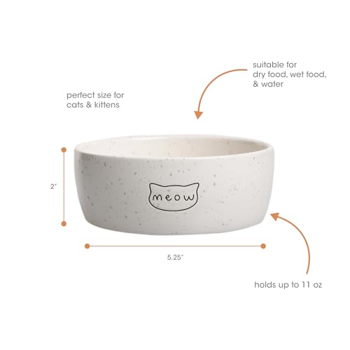 Pearhead Meow Ceramic Cat Bowl, Holds 1.3 Cups, Small Food and Water Bowl for Cats, Pet Dish, Microwave and Dishwasher Safe (Pack of 12) - color: Speckled "Meow", size: Single Bowl (Pack of 12)