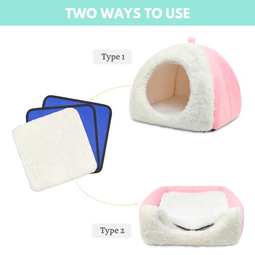 Guinea Pig Hideout Bed with 2 Absorbent Leak-Proof Bottom Pee Pad | Fleece Small Animal House, Washable Hide Hut for Dwarf Rabbit Chinchilla - color: Pink