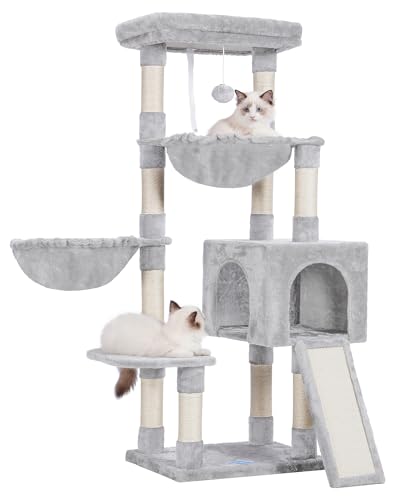 Hey-brother Large Cat Tree, Cat Tower for Indoor Cats, Cat House with Padded Bed, Cozy Condo, Hammocks, Sisal Scratching Posts, Big Scratcher, Light Gray MPJ006-MW - color: Light Gray, size: 53.1 inch