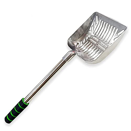 SunGrow Cat Litter Scoop, Stainless Steel Long Handle Chicken Coop Poop Scooper, Comfortable 9” Handle, 5” Wide Mouth, Narrow Slits and High Sides Metal Sifter, for Litter Boxes or Gardening