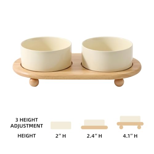 Havniva Raised Cat Bowl, 6.1” Elevated Ceramic Cat Food and Water Bowl Set | Cat Bowls Elevated, Whisker Friendly Cat Bowl, Non-Slip Wood Stand, Food-Grade Ceramic, Wide Opening, Dishwasher Safe - color: Light Yellow, size: 6.1inch - 2 Bowls+Stand
