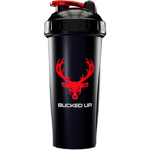 Bucked Up Perfect Shaker Bottle, 28oz, BPA-Free, Dishwasher Safe, Leak-Proof, Black Bottle with Red Buck Logo - color: Black/Red