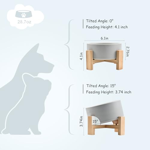 SPUNKYJUNKY 15° Slanted Ceramic Dog and Cat Bowl with Wooden Stand, Tilted Bulldog Food and Water Bowl No Slip Non-Spill for Cats Medium Dogs Big Face Pets 28.7 OZ (3.6 Cups, Grey) - color: Grey, size: 3.6 CUPS × 1