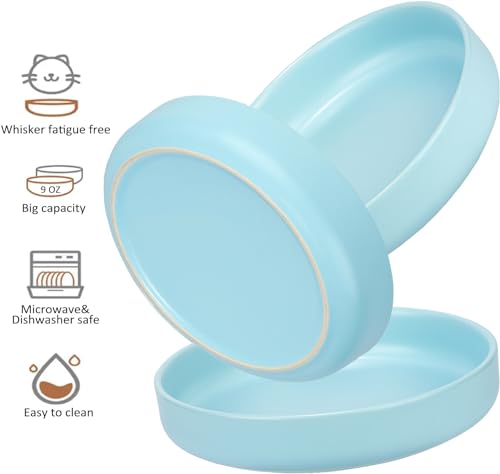 Ceramic Cat Bowls,Shallow Cat Dishes for Food and Water, 6 inch Matte Finish Wide Cat Food Bowl,Whisker Fatigue Free Pet Puppy Kitten Bowl Set of 3,Dishwasher Safe - color: Blue-3pack