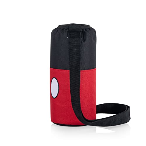Picnic TIME Disney Mickey Mouse Bottle Cooler Tote with Included 24 oz Bottle, Insulated Water Bottle Carrier with Adjustable Shoulder Strap for Travel Picnic Theme Parks, (Black with Red Pattern)