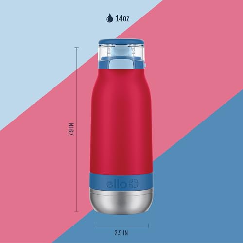 Ello Emma 14oz Insulated Stainless Kids Water Bottle with Straw, Red Splash | Insulated stainless steel kids water bottle with straw, leakproof locking lid, carry handle, and cold drinks for school - color: Red Splash