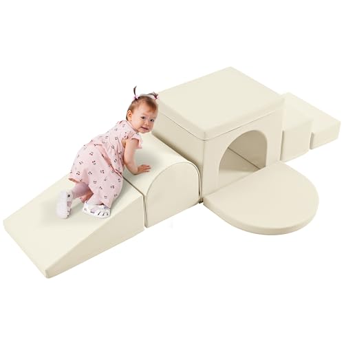 Merax Indoor Soft Foam Tunnel Climber, Toddler Climbing Toys with Tunnel | Soft Climb and Crawl Playset Baby Soft Foam Blocks with Steps and Ramp, 7-piece - color: Pastel Cream