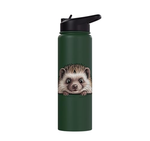 Hedgehog Cute Peeking Spiky Animal Lover Stainless Steel Insulated Water Bottle - color: Dark Green