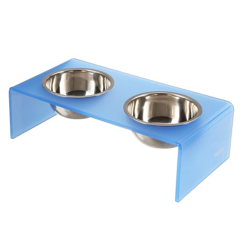 DBL2000C Keaton 5" Small/Medium Modern Acrylic Rectangular Elevated Pet Feeder with 20oz 2-Stainless Steel Bowls, Blue/Chrome - color: Blue/Chrome, size: 20 Ounces (5" Cups 2-Pack)