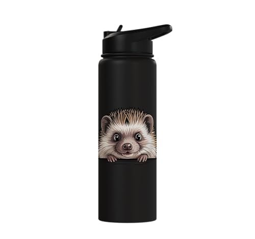 Hedgehog Cute Peeking Spiky Animal Lover Stainless Steel Insulated Water Bottle - color: Black
