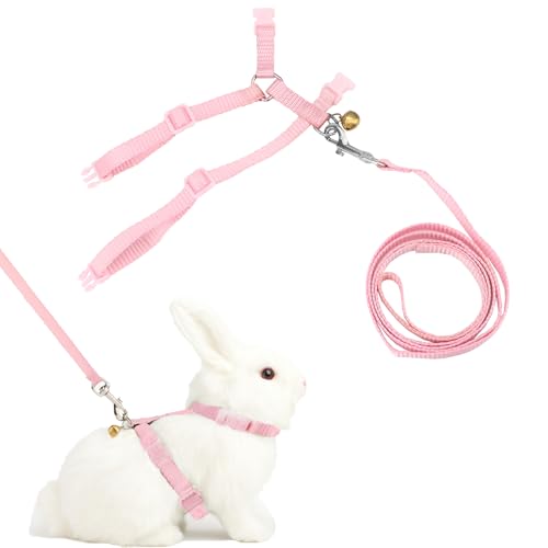 Hypeety Rabbit Harness with Leash Adjustable Nylon Vest for Small Animals | Adjustable 7.9-11.9'' chest, 7.1-10.3'' neck, escape-proof snap buckles, with bell lead for bunnies/guinea pigs/ferrets, pink - color: Pink