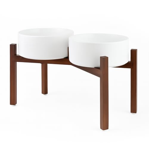 SPUNKYJUNKY Raised Ceramic Dog Bowls Set with Non-Slip Acacia Wood Stand for Large Sized Dog(60.87 OZ, White) - color: White, size: 60.87 Oz