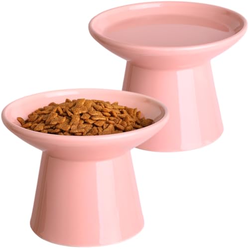 Ceramic Elevated Cat Bowls - 6.2 Inch Extra Wide Raised Cat Food and Water Bowl Set for Indoor Cats, Whisker-Friendly Ceramic Cat Dish for Elder Big Cats & Small Dogs,Pink,2 Pack - color: Pink, size: 2 Pack