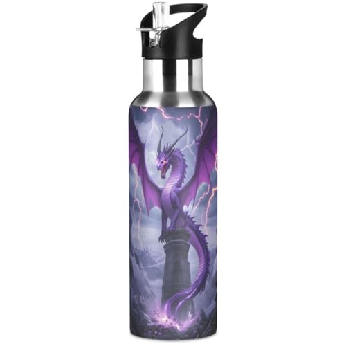Purple Dragon Lightning Water Bottle Kids Insulated Sports Vacuum Stainless Steel Mug with Straw Lid & Handle 20 oz - color: AB05