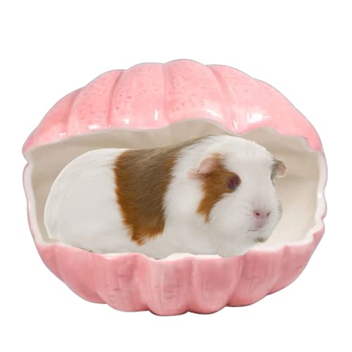 Small Animal Hideout Extra Large Ceramic Shell Shape Guinea Pig House Chinchilla Igloo Habitat Hut Cave Summer Bed Cage Accessories for Hedgehog Rabbit Hamster Gerbil Rat (XL (9.5''x7''x7.9''), Pink) - color: Pink