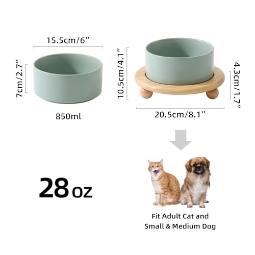 Havniva Raised Cat Bowl 6.1” Elevated Ceramic Cat Food and Water Bowl | Cat Bowls Elevated, Whisker Friendly Cat Bowl, Non-Slip Wood Stand, Food-Grade Ceramic, Wide Opening, Dishwasher Safe - color: 1 x Bowl + Stand - Light Green, size: 6.1inch
