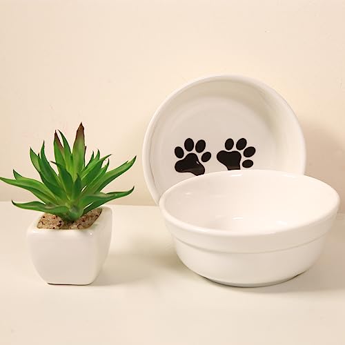 COMESOON 5" Ceramic Cat Bowl with Paws Pattern, Cat Food Bowl for Food and Water, Healthy Cat Dishes for Indoor Cats and Small Dogs, Dishwasher Safe & Microwaveable - White