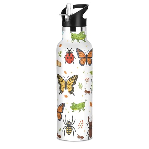 Insect Butterfly Insulated Water Bottle with Straw Lid,Vacuum Stainless Steel Mug Leakproof Tumbler Flask Kids Water Bottle for Sports Travel School,20oz - color: Insect Butterfly