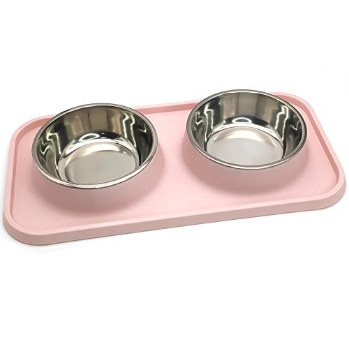 BNOSDM Double Dog Food Bowls Stainless Steel Dog Food and Water Bowls with Non-Spill Plastic Mat Pet Cat Feeder Bowl Set for Puppy Cats Kitten Small Medium Dogs Pink - color: Pink
