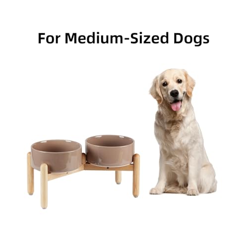 Havniva Elevated Dog Bowls Ceramic Dog Bowls with Stand, Dog Food Bowl | 7.3” Raised Dog Bowls with Non-Slip Wood Stand, Dog Food and Water Bowl Set, Double Dog Feeding Bowls for Medium Dogs - color: 2 Bowls+Stand - Brown Coffee, size: 7.3inch