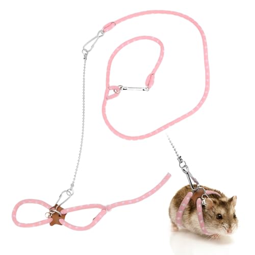 Hypeety Syrian Hamster Leash Harness Set Adjustable Training Walking Lead | Adjustable 3.14-7.07'' chest, 32.60'' lengh, soft nylon leash with finder bells, for hamster/rat/gerbil, easy to put on, pink - color: Nylon Pink 32.7"