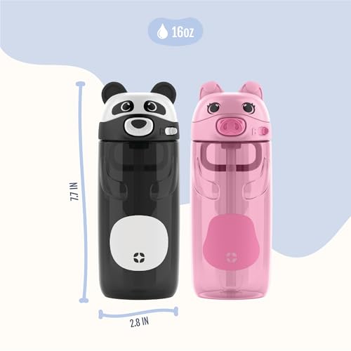 Ello Ellies 16oz BPA-Free Plastic Leakproof Kids Water Bottle, Panda | Animal shaped plastic kids water bottle with straw, leakproof locking lid, carry handle, & BPA-free design for school lunches - color: Panda, size: 16 Ounces