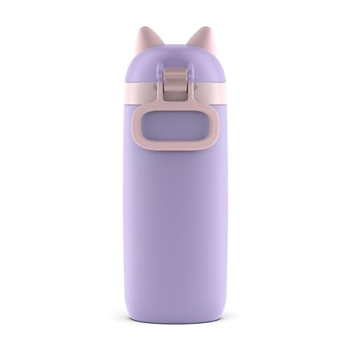 Ello Ellies 12oz Stainless Steel Leakproof Kids Water Bottle, Cat | Insulated kids water bottle with straw, leakproof locking lid, carry handle, and stainless steel fun animal design for school - color: Cat, size: 12 Ounces
