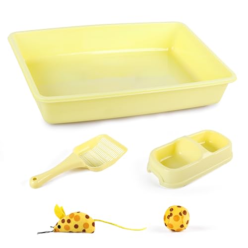 PAWISE Cat Litter Box Set, Small Kitten Starter Kit, Includes Litter Box, Litter Scoop, Double Dish Feeding Bowl, Cat Mouse Toy, Kitty Ball Toy, Yellow - color: Yellow