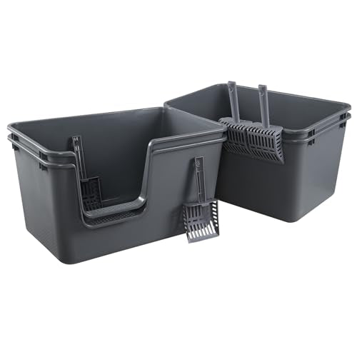 Set of 4 Open Top High Sided Cat Litter Pan, Large Cat Litter Box | Easy Entry, Tall Walls Help Reduce Scatter, Durable Plastic, Ideal for Big Cats and Multi-Cat Homes, with Scoops, Grey