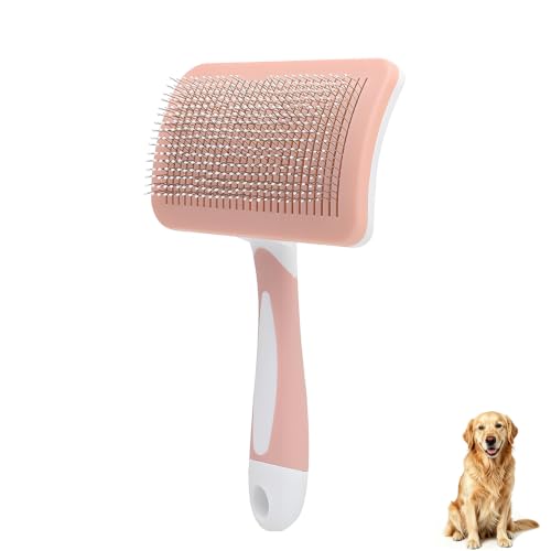 Self-Cleaning Slicker Dog Brush for Large Long-Haired Breeds (Pink） | One-Click Hair Removal , Ergonomic Grip , Pet Grooming Tool - color: Pink, size: Large