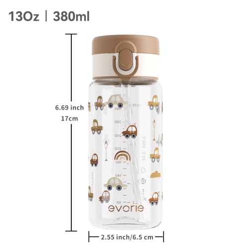 Evorie Tritan Kids Water Bottle with Straw, Leak Proof Drink Bottle,13oz | Ages 3+, BPA-Free, Dishwasher safe, Easy to clean, Lightweight and easy to carry for school and travel, Choco Car - color: Choco Car