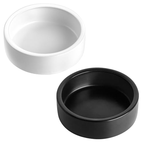 2 Pack Ceramic Bowls for Syrian Hamster & Hedgehog, 3.9" Diameter, Shallow Chew-Proof Dish, Non-Slip Base, Easy to Clean (White + Black)
