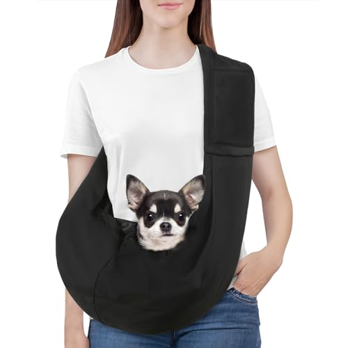 Pawaboo Small Dog Sling Carrier | Reversible Puppy Small Pet Carrier,Hands Free,Safety Buckle,Storage Pocket for Travel,Outdoor Activities Dark Black - color: Black