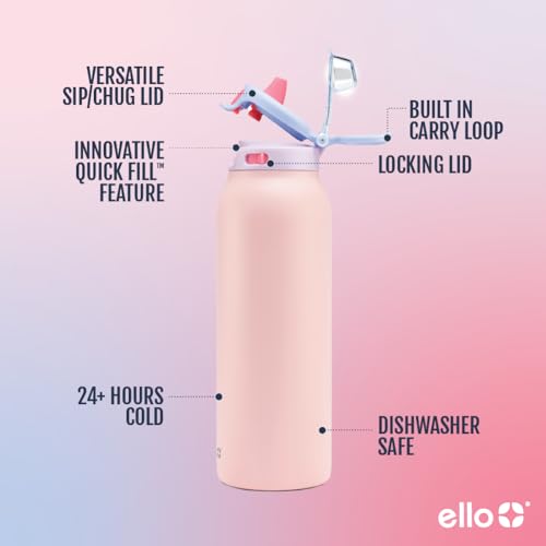 Ello Pop & Fill Insulated Stainless Steel Water Bottle with Quick Fill Lid, Leakproof Locking, Sip or Chug Spout, BPA-Free, Double Wall Vacuum Insulated for Sports, Travel & School- 22oz / 32oz / 40oz - color: Heavenly Hues, style: 22oz