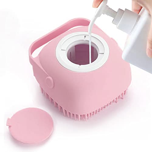 Pet Grooming Bath Massage Brush with Soap and Shampoo Dispenser Soft Silicone Bristle for Long Short Haired Dogs Cats Shower (Pink) - color: Pink