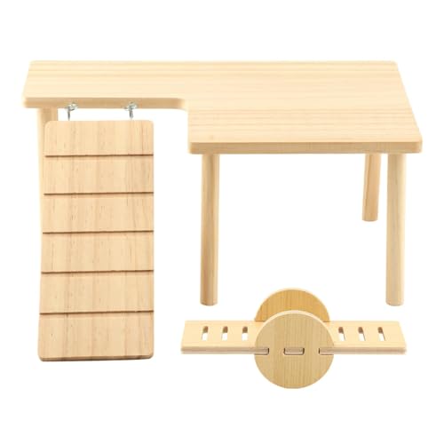 Wooden Hamster Platform, Multi-Functional Cage Climbing Toy with Round-Headed Seesaw for Food Bowl & Water Bottle, Cage Accessories for Dwarf Hamsters, Gerbils, Rats, Mice & Other Small Pets