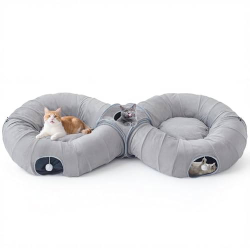 Pawaboo 2-in-1 Cat Tunnel Bed, 8-Shaped Cat Tunnels, Grey | Foldable Cats Cave Hideout Kitty Toys with Fluffy Balls, Donut Tunnel for Kitten Rabbit Ferret - color: Gray, size: 68.9 x 31.5 x 11.8in