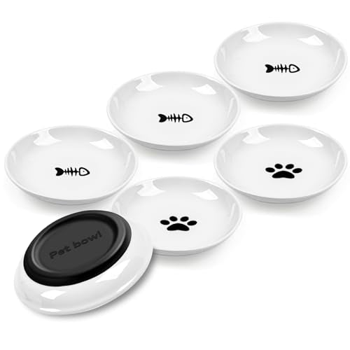 Cat Bowls,No Spill Whisker Fatigue Kittens Food Bowl with Anti-Slip Silicone,Ceramic Cat Dishes for Food Water and Wet and Dry,Shallow Plates Set for Indoor Cats,Small Dogs(6 Pack)