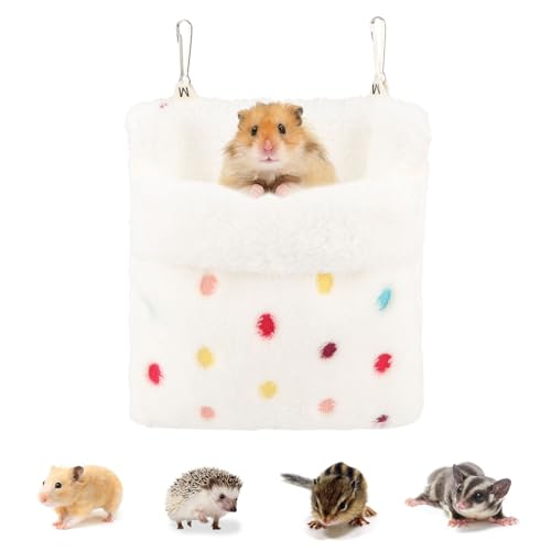 Sugar Glider Sleeping Pouch Hanging Bed for Small Pets, White | Soft flannel warm & cozy, pouch snuggle design, metal hooks for easy hang, portable, fits hamsters/rats/hedgehogs/squirrels - color: White