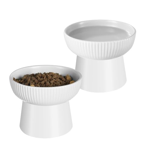 Ceramic Elevated Cat Bowls-Water Bowl, 15° Tilted Design, Anti-Vomiting & Spine Protection, Prevent Whisker Fatigue for Kittens to Adult Cats and Small Dogs (White-Elevated Cat Bowls-2) - color: White-Elevated Cat Bowls-2