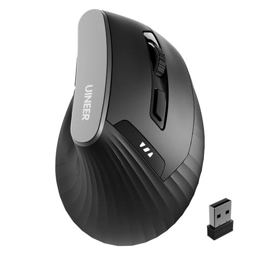Uineer Ergonomic Vertical Mouse, 2.4G Wireless Mouse, Rechargeable, 4-DPI | Right-handed vertical design with 2.4G USB-A connection, rechargeable battery and visible battery level. - color: Black