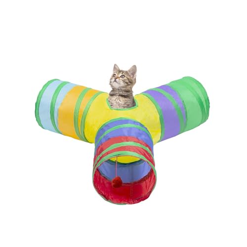 3 Way Cat Tunnel Collapsible Fun Pet Play Tube Toys for Cats, Kittens, Puppies & Rabbits - Portable Tunnel with Hanging Ball for Indoor Play, Hideout & Exercise - color: Muticolor
