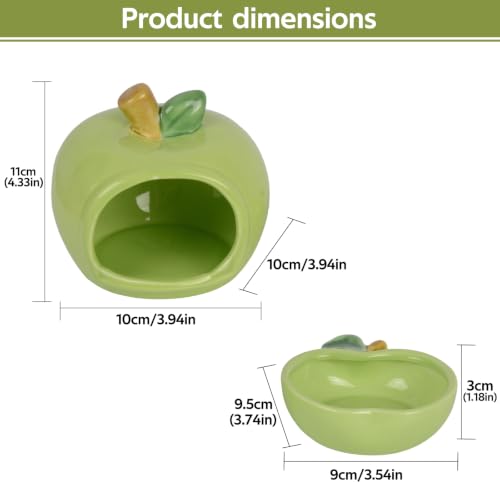 Ceramic Hamster Hideout & Food Bowl Set, Green | Apple-Shaped, Chew-Proof Sleeping Cave, Cooling Shelter Function, 2.9-inch Entrance, For Syrian Dwarf Hamsters, Mice - color: Green
