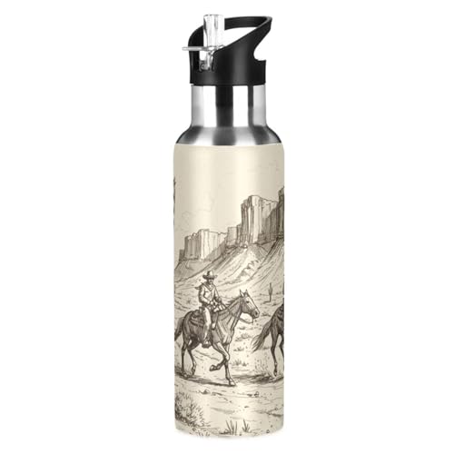 Western Cowboy Cactus Water Bottle Kids Stainless Steel Water Bottle with Straw Lid, Leak Proof Boys Girls Insulated Tumbler Cup for School 20 oz - color: Multi26