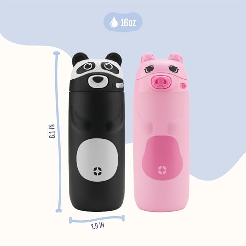 Ello Ellies 12oz Stainless Steel Leakproof Kids Water Bottle, Pig | Insulated kids water bottle with straw, leakproof locking lid, carry handle, and stainless steel fun animal design for school - color: Pig, size: 12 Ounces