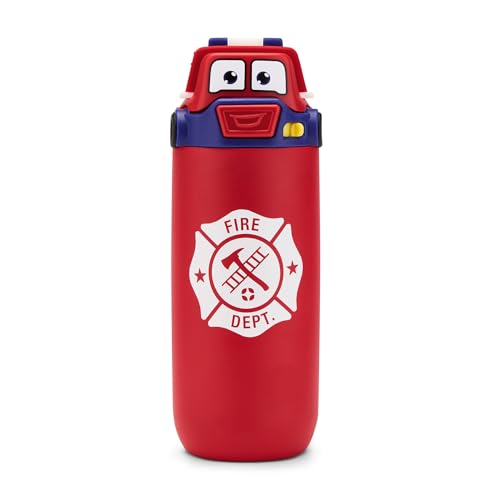Ello Ellies 12oz Stainless Steel Leakproof Kids Water Bottle, Firetruck | Insulated kids water bottle with straw, leakproof locking lid, carry handle, and stainless steel fun design for school - color: Firetruck, size: 12 Ounces